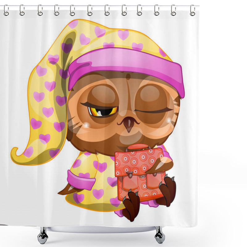 Personality  Cute Owl Holding The Wing Of The School Satchel Isolated On White Background. Vector Cartoon Close-up Illustration. Shower Curtains