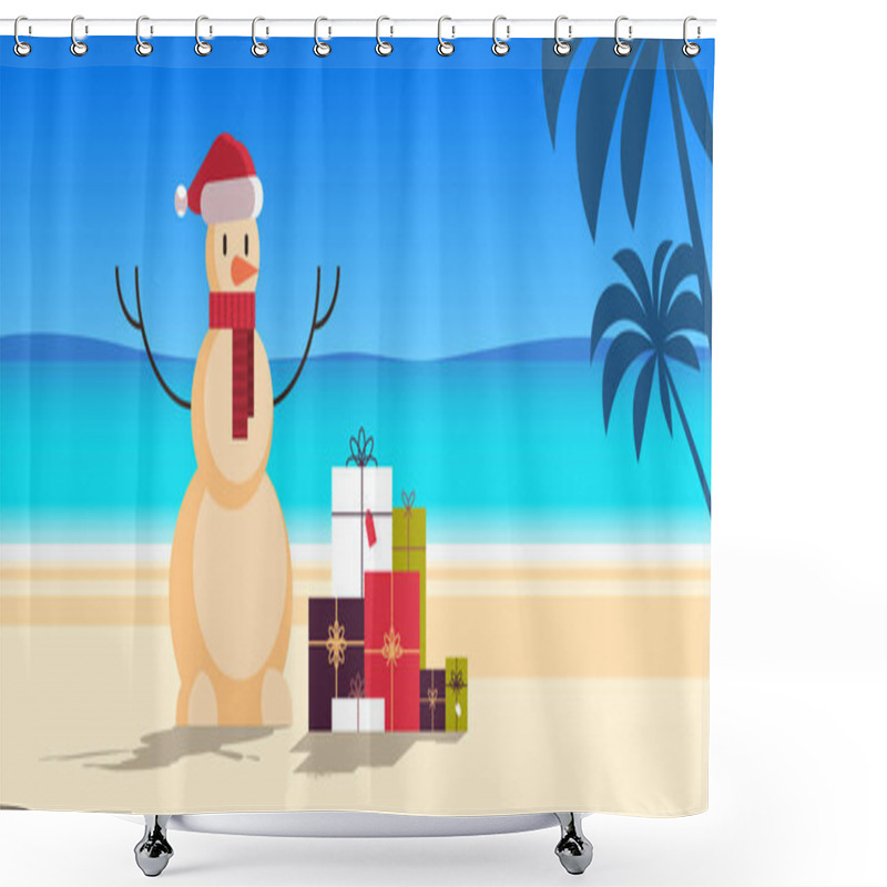 Personality  Sandy Christmas Snowman With Gift Present Boxes Happy New Year Vacation Holiday Celebration Concept Tropical Beach Seascape Background Full Length Flat Horizontal Shower Curtains