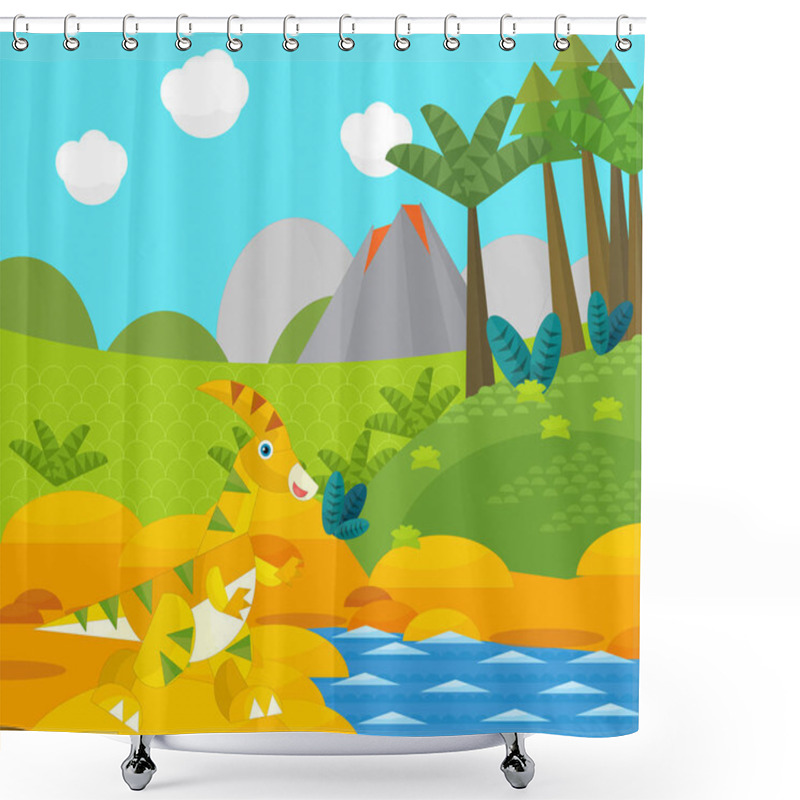 Personality  Cartoon Happy Dinosaur Near Some River And Volcano - Illustration For Children Shower Curtains