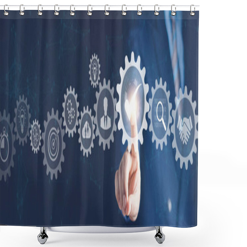 Personality  Business Process Management And Automation With Person Validating Document In Workflow. Digital Transformation, BPM And RPA To Increase Efficiency And Productivity At Work. Shower Curtains