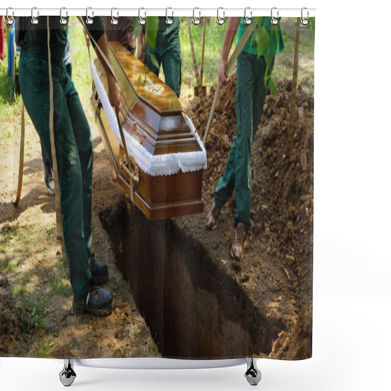 Personality  Burial. Men Lower The Coffin Into The Grave. Shower Curtains