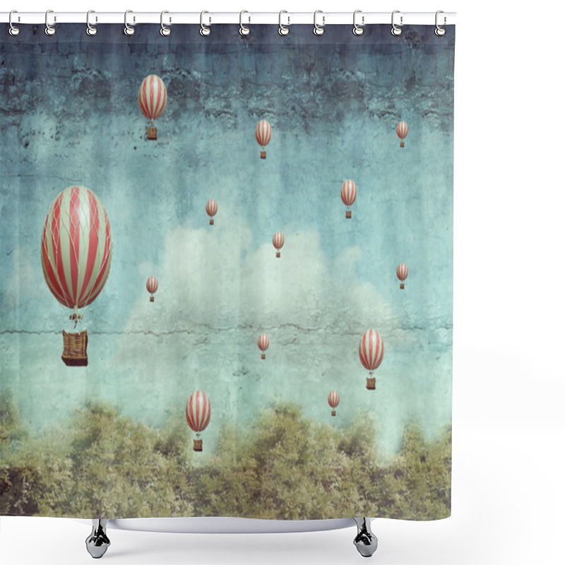 Personality  Hot Air Ballons Flying Over A Forest Shower Curtains