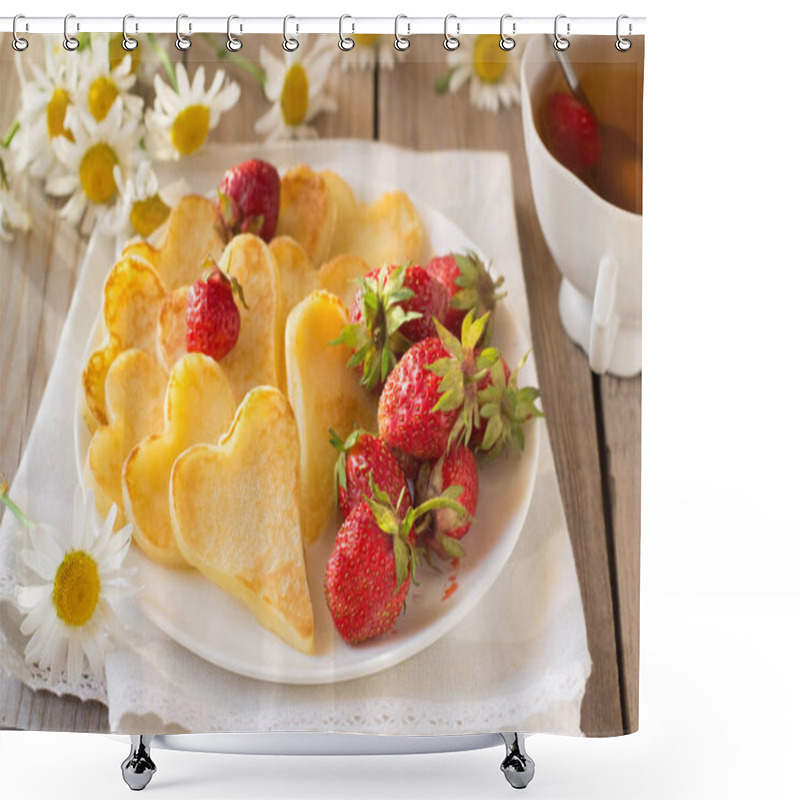 Personality  Heart Shaped Pancakes With Strawberry And Tea Shower Curtains