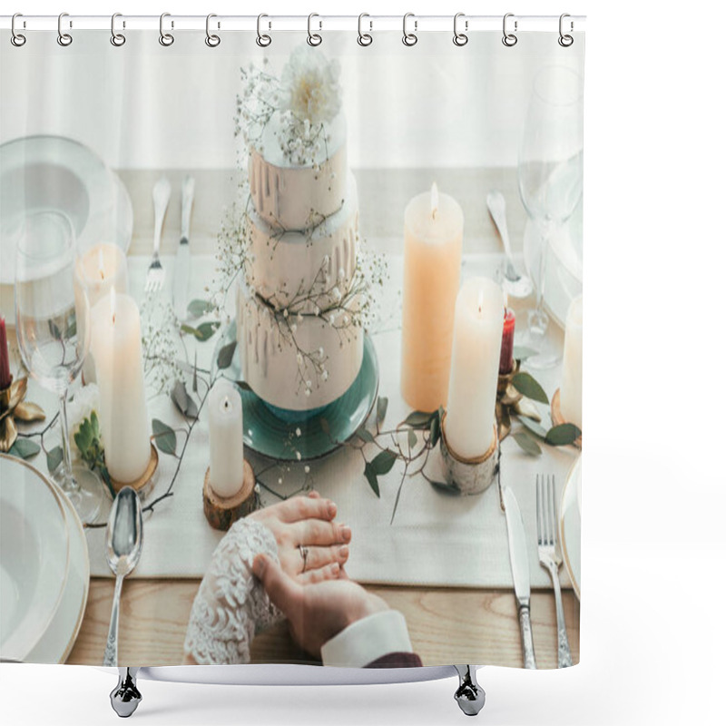 Personality  Partial View Of Newlyweds Holding Hands While Sitting At Served Table With Wedding Cake, Rustic Wedding Concept Shower Curtains