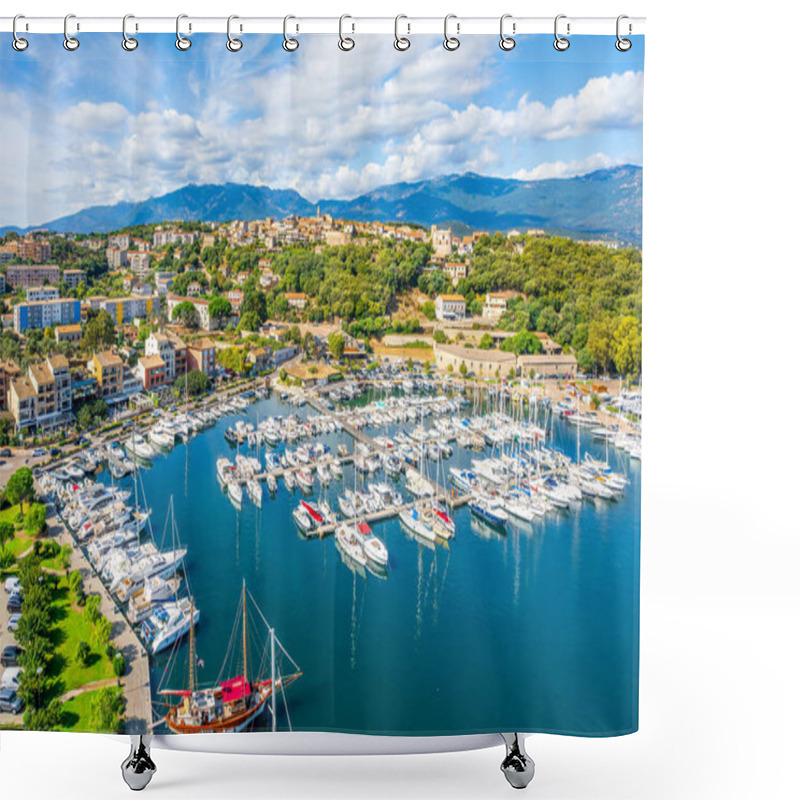 Personality  Aerial View Of Porto-Vecchio Marina In Corsica Featuring Luxury Yachts, Sailboats, And A Scenic Coastal Village Framed By Mountains And The Mediterranean Sea. Shower Curtains