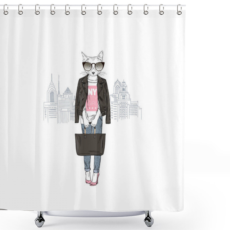 Personality  Cat Girl From New York City, Anthropomorphic Animal Illustration Shower Curtains