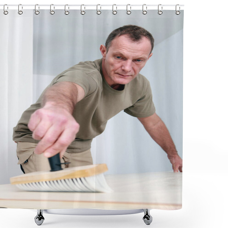 Personality  Man Applying Wallpaper Paste Shower Curtains