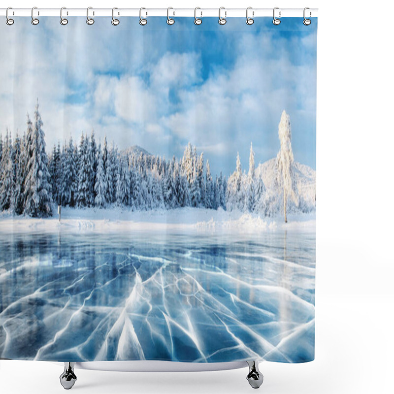 Personality  Blue Ice And Cracks On The Surface Of The Ice. Frozen Lake Under A Blue Sky In The Winter. The Hills Of Pines. Winter. Carpathian, Ukraine, Europe Shower Curtains