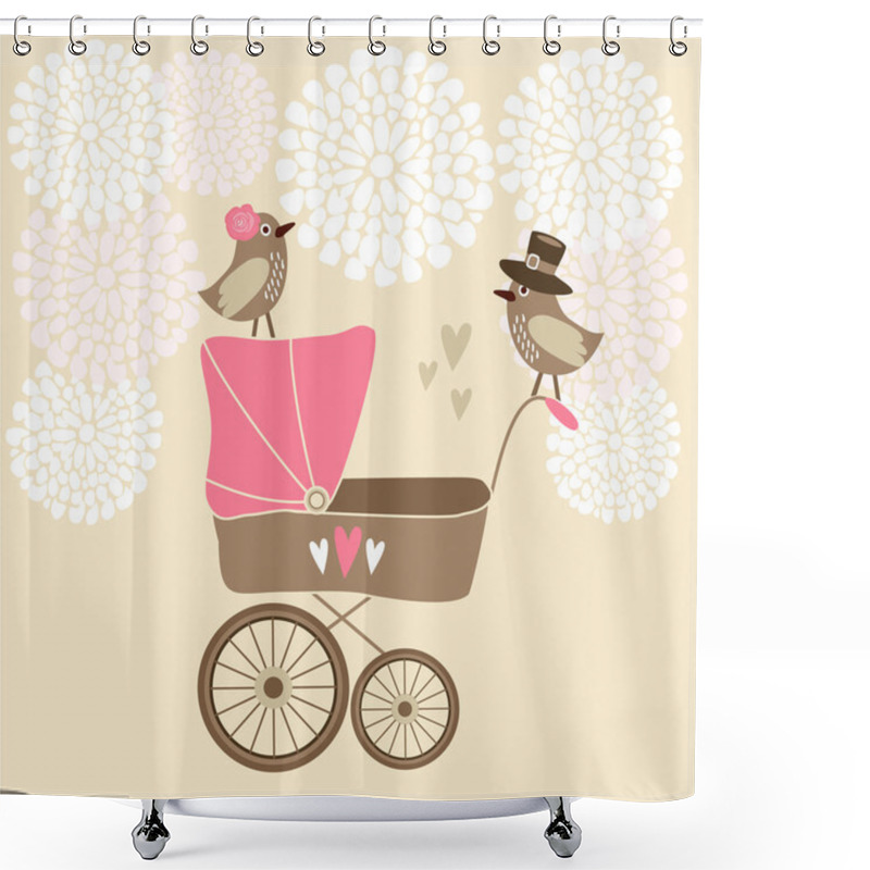 Personality  Cute Baby Shower Invitation, Birthday Card With Baby Carriage, Birds And Flowers, Vector Illustration Background Shower Curtains