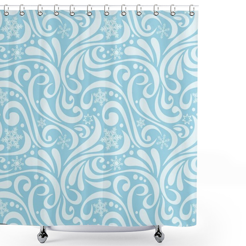 Personality  Abstract New Year Pattern With White Snowflakes And Swirls On Blue Shower Curtains