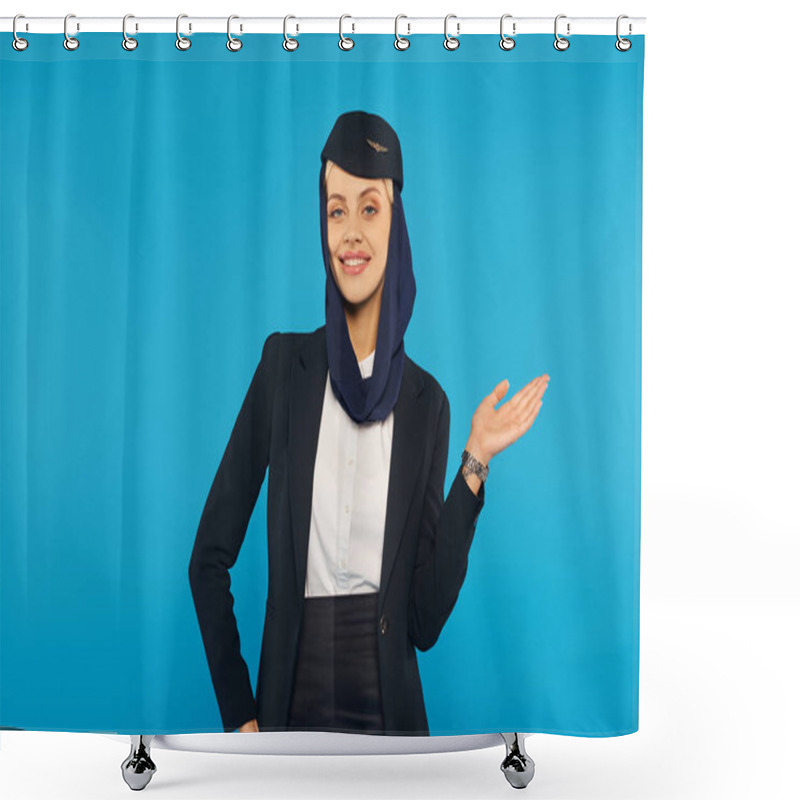 Personality  Arabian Airlines Hospitality, Smiling Stewardess In Headscarf And Uniform Showing Direction On Blue Shower Curtains