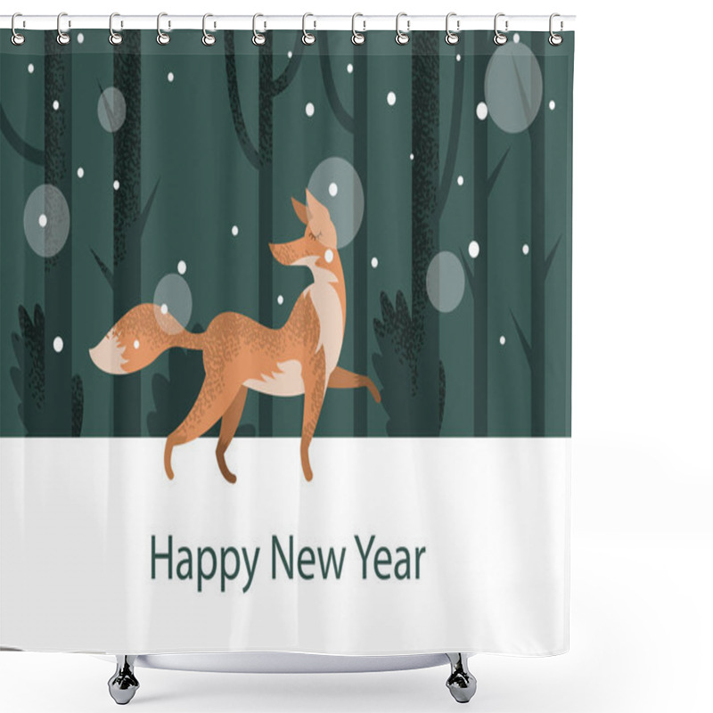 Personality  Vector Forest Winter Creature Walking Throught Forest In Cold Winter Weather. Postcard With Beautiful Background Landscapes Drawn In Flat Contemporary Style With Trees And Snowfall Shower Curtains