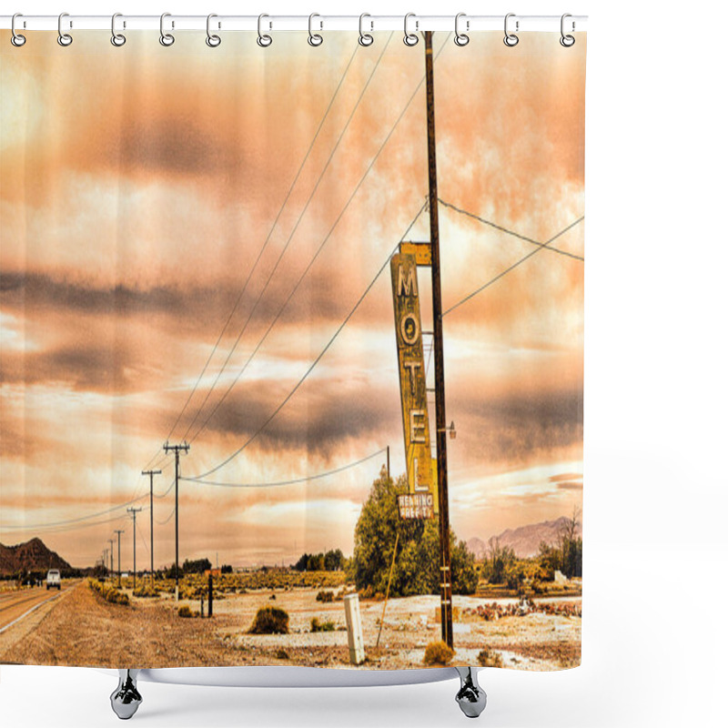 Personality  Old Motel Sign Ruin Along Historic Route 66 In The Middle Of California Vast Mojave Desert. Shower Curtains