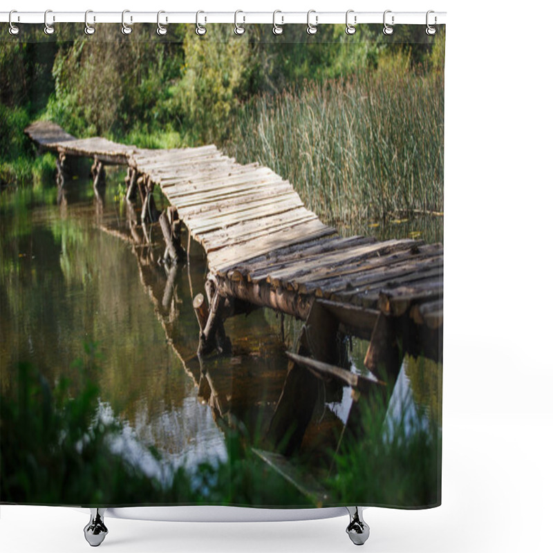 Personality  Wooden Bridge Over The River. Uneven Bridge Made Of Logs On A Quiet Pond Shower Curtains