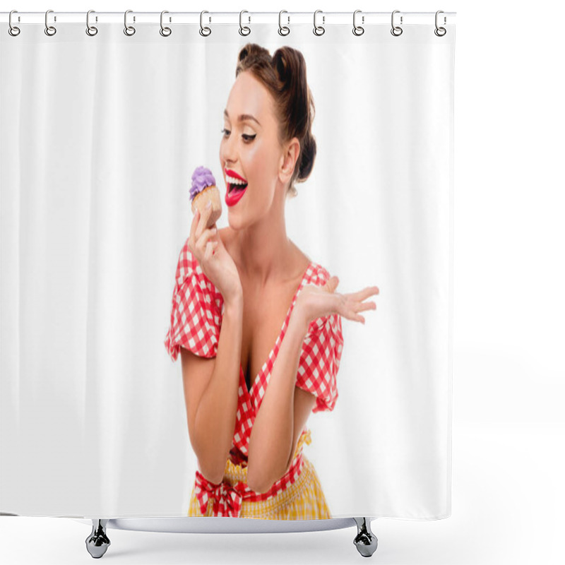 Personality  Pretty Pin Up Girl Tasting Cupcake With Purple Cream Isolated On White Shower Curtains