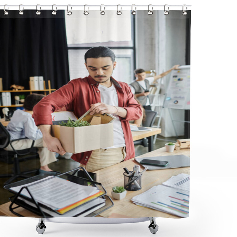 Personality  Colleagues Pack Belongings In An Office Setting During A Difficult Layoff Moment. Shower Curtains