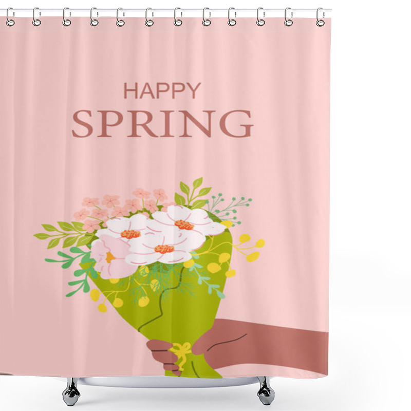 Personality  Happy Spring Floral Bouquet In Hand Celebrating Seasonal Blooms And Sunshine. Shower Curtains