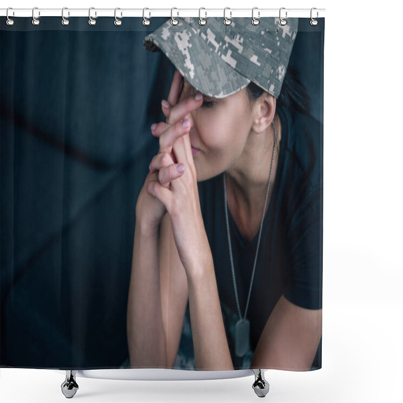 Personality  Depressed Woman In Military Uniform Sitting On Couch With Clenched Hands At Home Shower Curtains