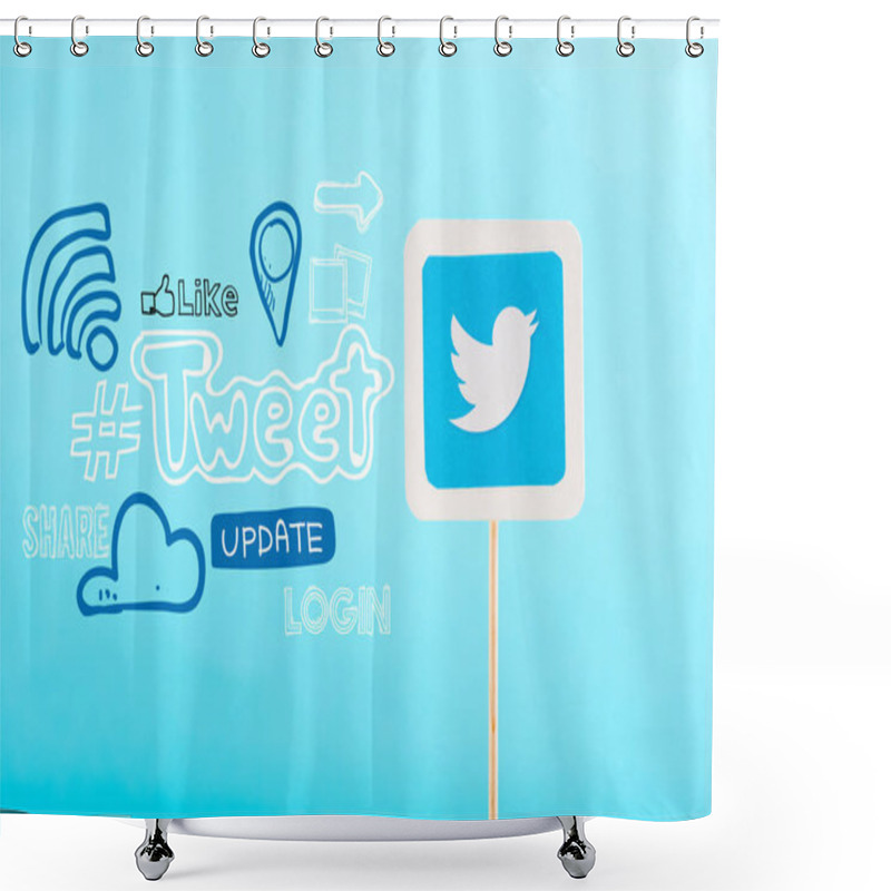 Personality  Card With Twitter Logo And Social Media Icons Isolated On Blue Shower Curtains