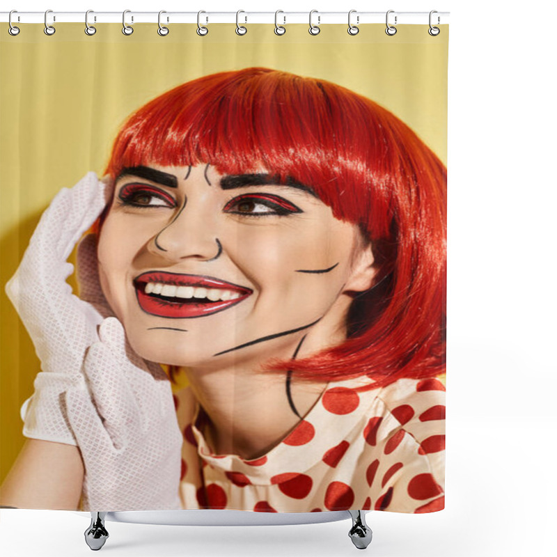 Personality  A Vibrant Red-haired Woman Wearing A Polka Dot Dress And White Gloves Inspired By A Comic Book Character. Shower Curtains