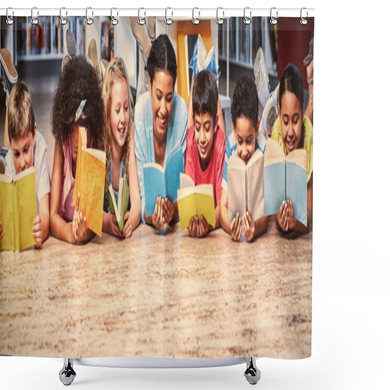 Personality  Happy Teacher With Students Reading Books While Lying Down In Library Shower Curtains