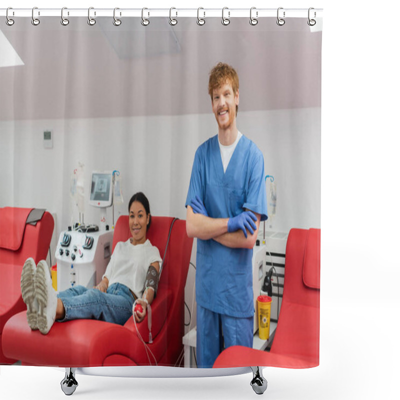 Personality  Happy Redhead Doctor In Blue Uniform And Latex Gloves Looking At Camera Near Transfusion Machines And Multiracial Woman On Medical Chair Donating Blood In Hospital Shower Curtains