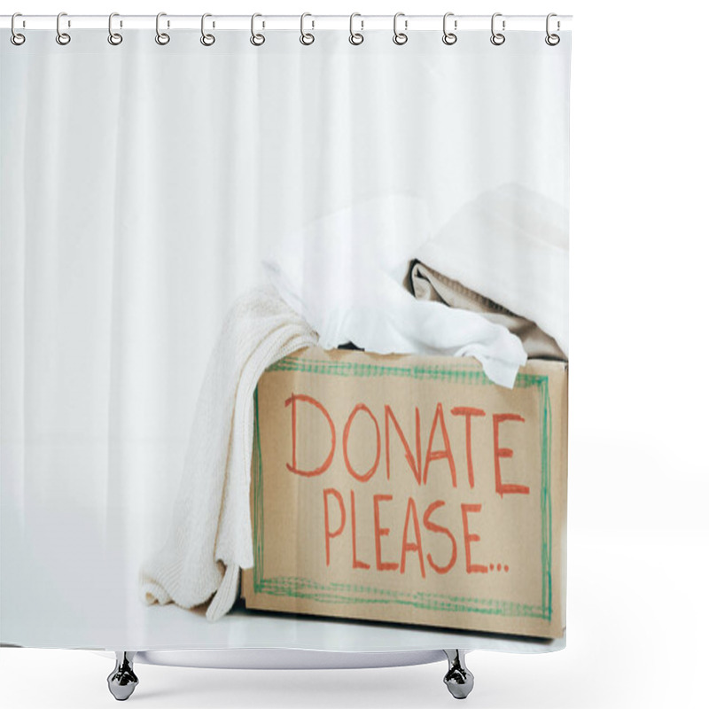 Personality  Cardboard Box With Inscription And Donated Clothes On White Shower Curtains