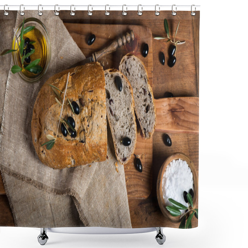 Personality  Sliced Homemade Olive Bread, Top View Shower Curtains