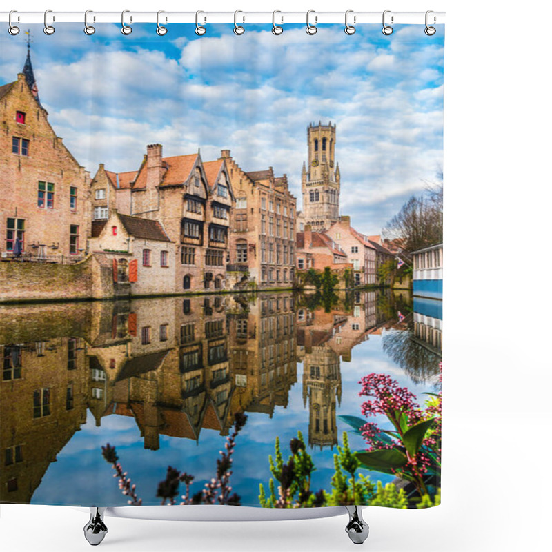 Personality  Landscape With Famous Belfry Tower And Medieval Buildings Along A Canal In Bruges, Belgium Shower Curtains