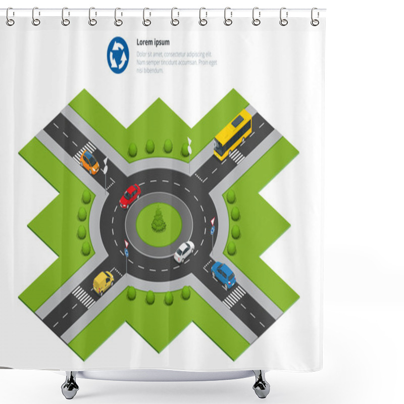 Personality  Roundabout, Cars, Roundabout Sign And Roundabout Road. Asphalted Road Circle. Vector Isometric Illustration For Infographics. City Traffic. Shower Curtains