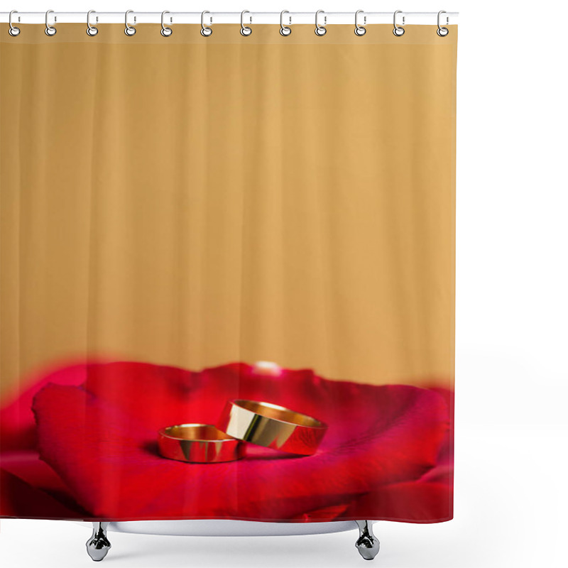 Personality  Golden Wedding Rings On Red Rose Petals Isolated On Yellow Shower Curtains