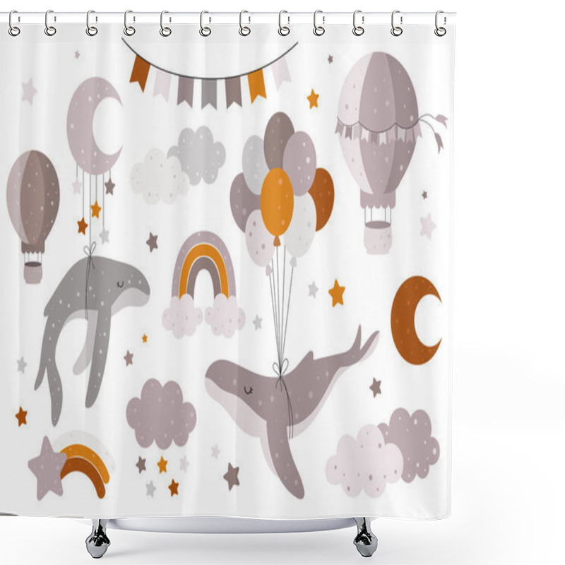 Personality  Hand Drawn Collection With Whales, Balloons, Clouds, Rainbows, Stars, Hot Air Balloon, Bunting For Nursery Decoration. Perfect For Baby Shower, Birthday, Children's Party, Clothing Prints, Greeting Cards Shower Curtains