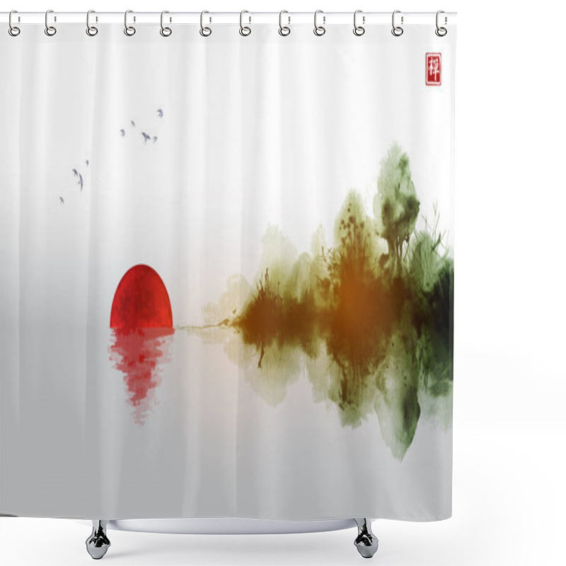 Personality  Misty Island With Red Sun, Dark Forest Trees Reflecting In Water And Birds In The Sky. Traditional Oriental Ink Painting Sumi-e, U-sin, Go-hua On Vintage Rice Paper Background. Hieroglyph - Zen. Shower Curtains