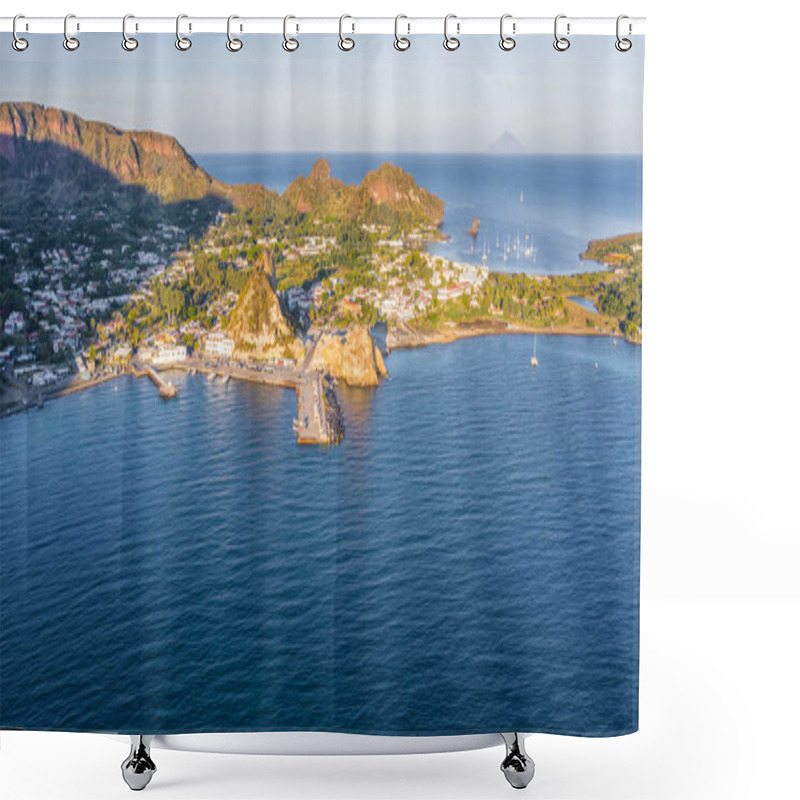 Personality  Aerial View Photo From Flying Drone Of Panoramic View To The Floats Yacht  On The Blue Tyrrhenian Sea In The Background Of Mountains And Beautiful Bluish Sky (series) Shower Curtains