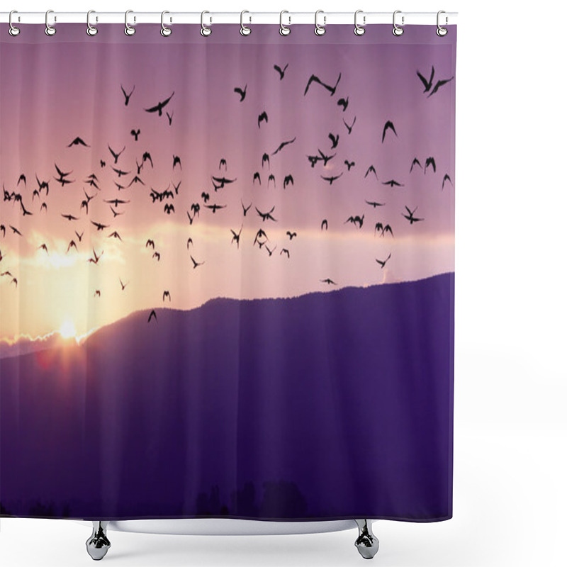 Personality  Flock Of Birds Flying At The Sunset Above Mountian At The Sunset Shower Curtains