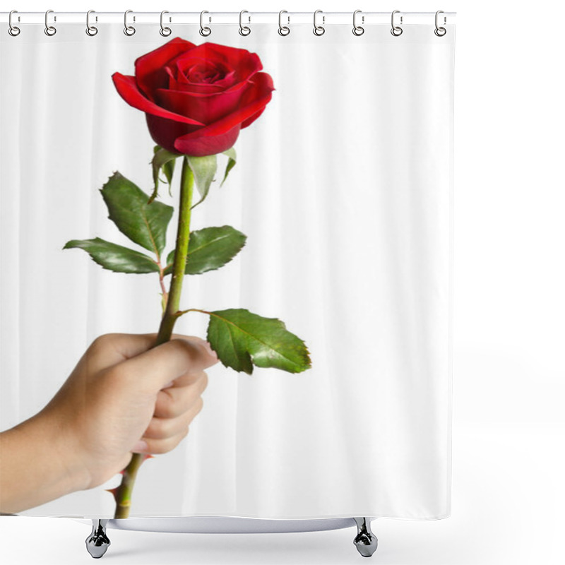 Personality  Beautiful Rose In Hand  Isolated On White Background Shower Curtains