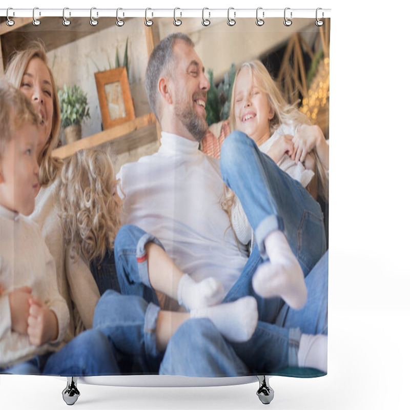 Personality  Happy Family Is Sitting On The Sofa And Having Fun. Shower Curtains