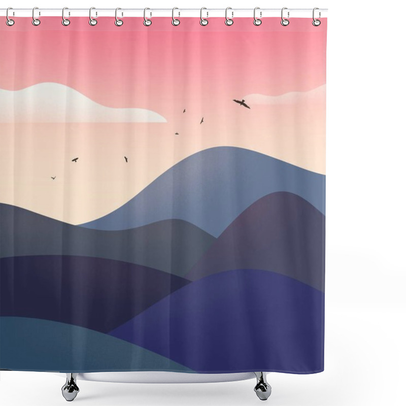 Personality  Hand Drawn Simple Illustration Of Landscape With Hills, Pink Sky And Birds Shower Curtains