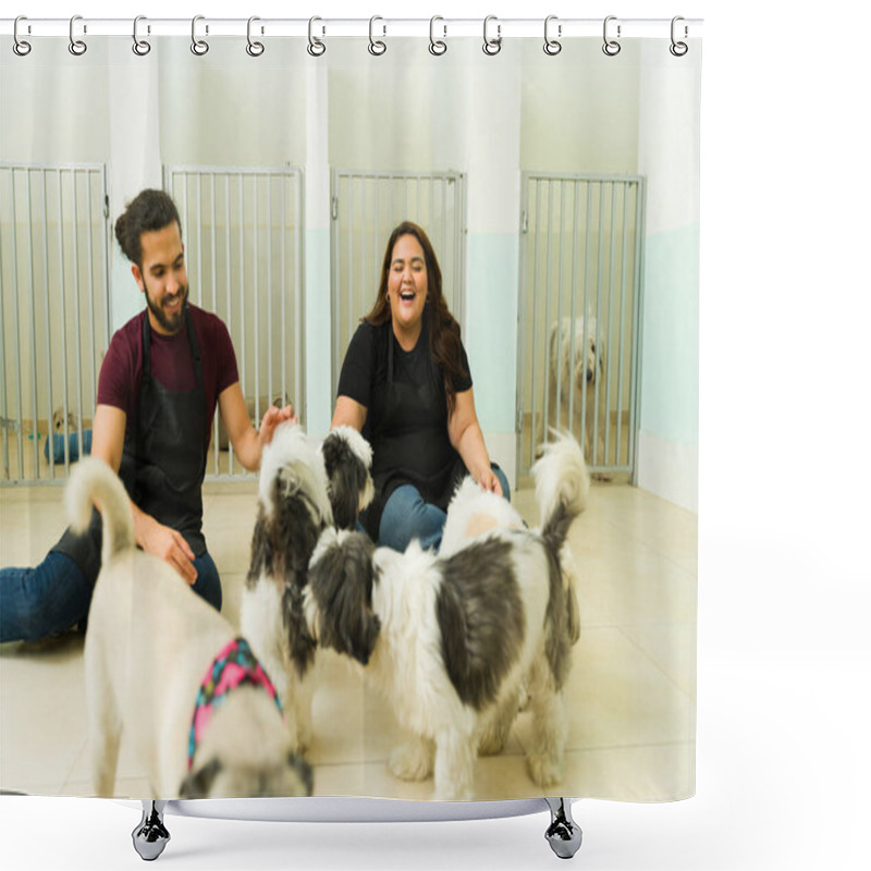 Personality  Excited Smiling Woman And Man Working At The Dog Daycare Or Pet Hotel Playing With Beautiful Shih Tzu And Pug Dogs Shower Curtains