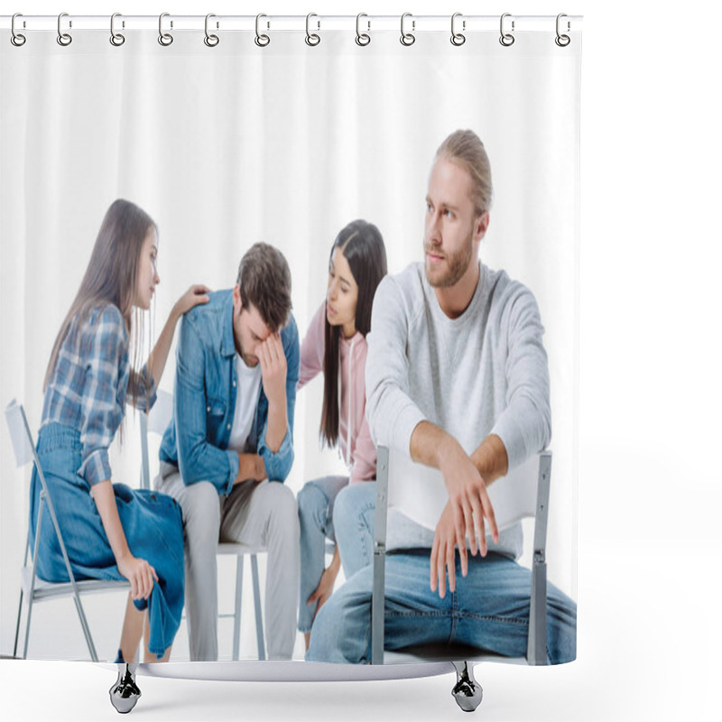 Personality  Man Sitting On Chair Near Multicultural Support Group Helping Another Man Isolated On White Shower Curtains