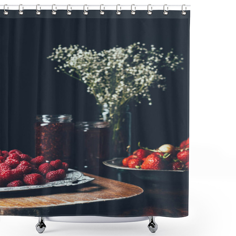 Personality  Selective Focus Of Raspberries, Strawberries, Jars With Jam And Flowers On Black Shower Curtains