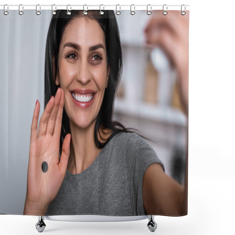 Personality  Selective Focus Of Smiling Woman With Bruise On Face And Black Dot On Palm Taking Selfie At Home, Domestic Violence Concept  Shower Curtains