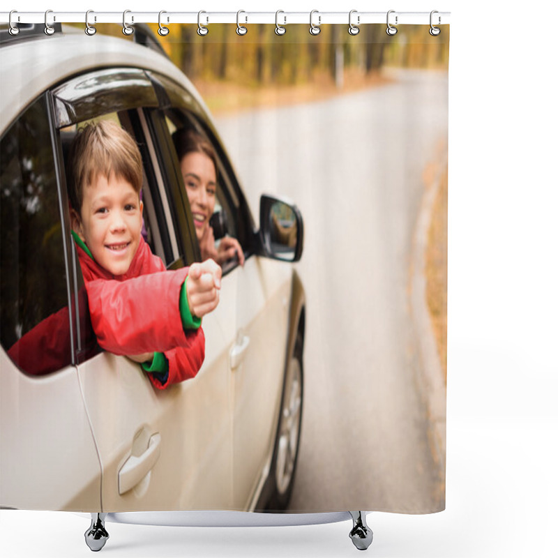 Personality  Smiling Boy Looking Through Car Window Shower Curtains