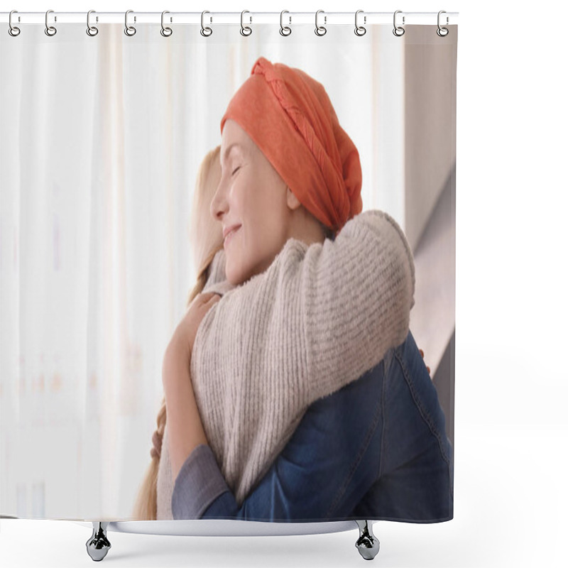 Personality  Young Woman With Cancer Hugging Her Mother Indoors Shower Curtains