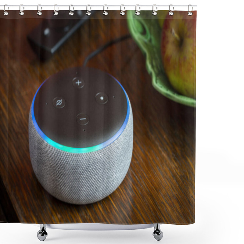 Personality  BATH, UK - FEBRUARY 17, 2020 : Close Up Of A 3rd Generation Amazon Echo Dot Glowing Blue On A Table In A Domestic Environment Shower Curtains