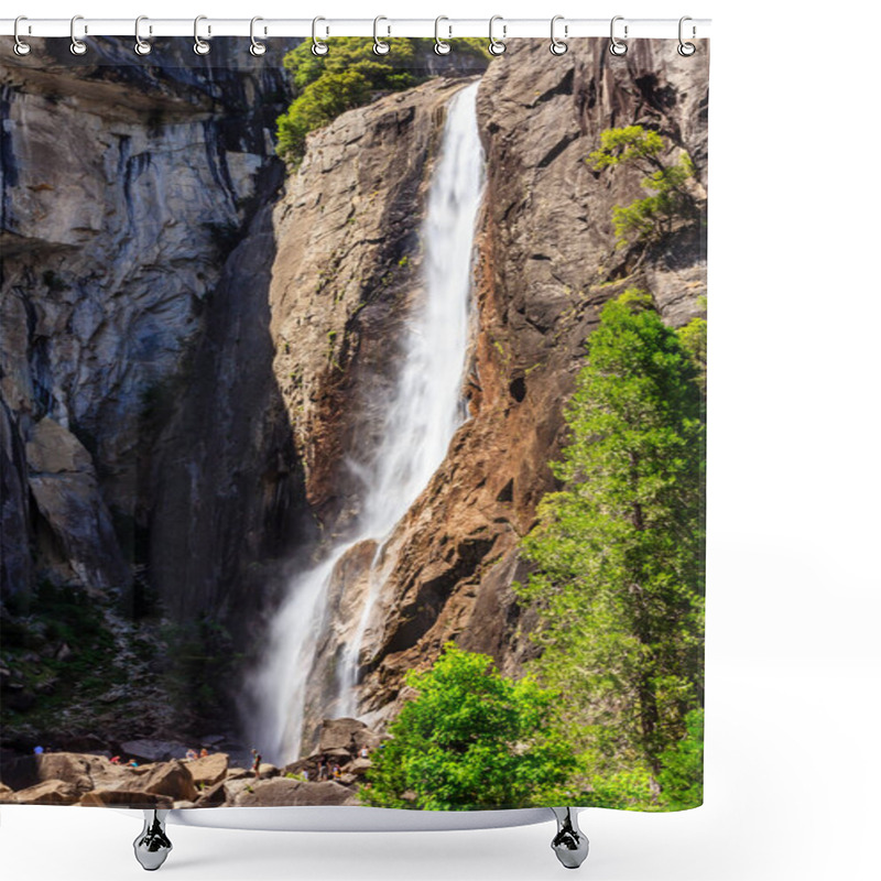 Personality  A Waterfall Is Seen In The Distance With A Group Of People Standing Near It. The Scene Is Peaceful And Serene, With The Sound Of The Waterfall Providing A Calming Atmosphere Shower Curtains