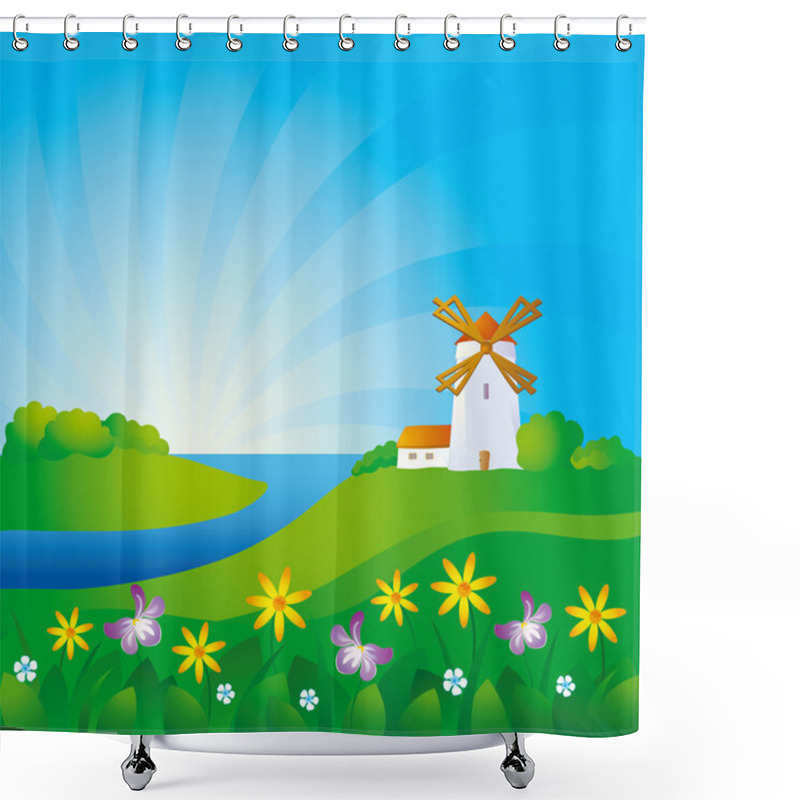 Personality  Rural Background With Windmill Shower Curtains