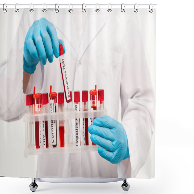 Personality  Cropped View Of Scientist In Blue Latex Gloves Holding Sample With Coronavirus Test Lettering Isolated On White  Shower Curtains