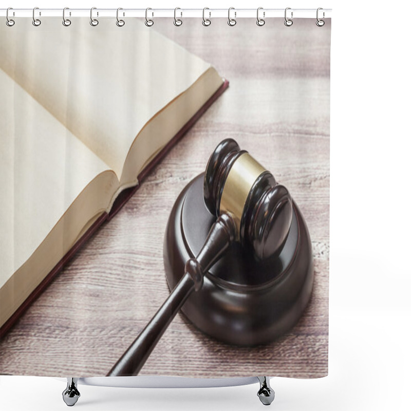 Personality  Judge Gavel And Book On The Brown Wooden Table, Justice Shower Curtains