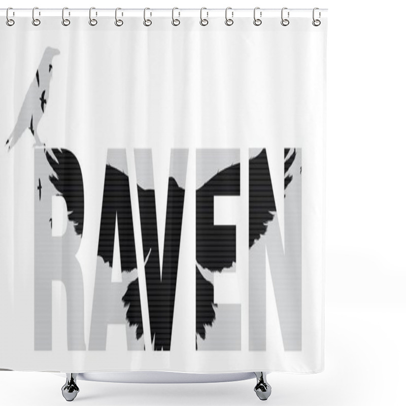 Personality  Vector Illustration Of The Raven Word With Raven  Silhouette With The Fluttering Wings. Double Exposure Effect.  Shower Curtains